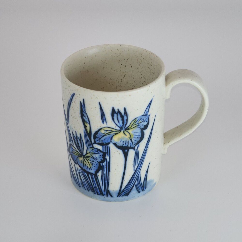 Vintage Otagiri Royal Iris Stoneware Mug Speckled Hand Painted Blue Flower Japan